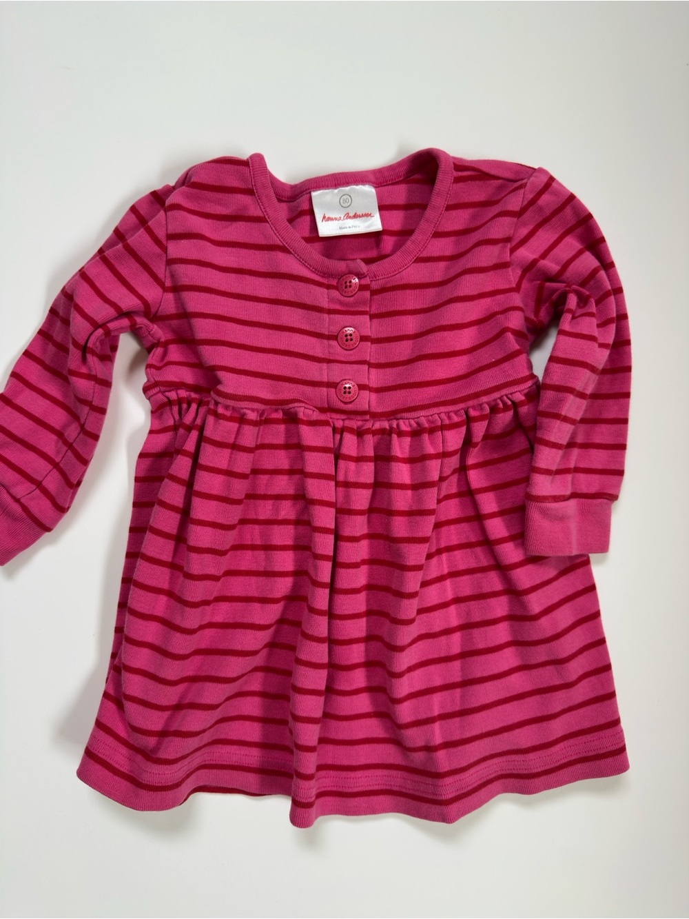 Hanna Andersson Pink & Red Stripe Long-Sleeve Dress Top for 18-24m Button Detail